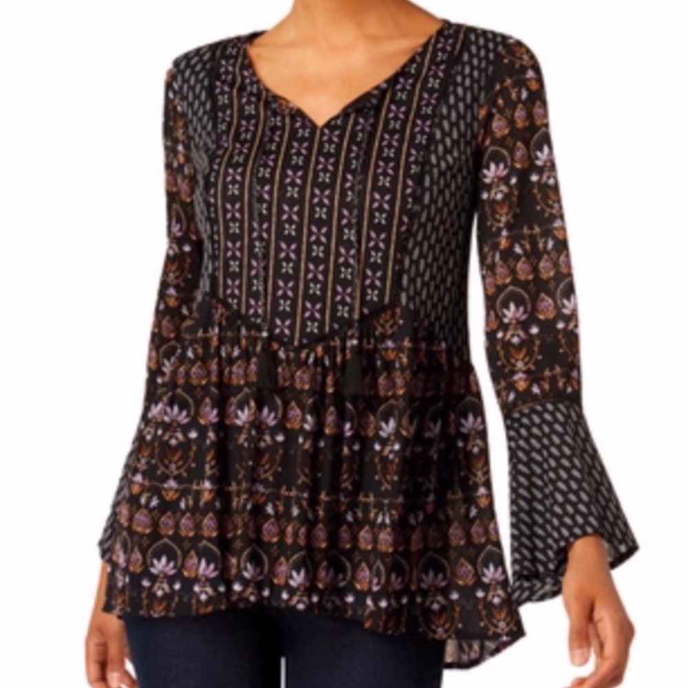 Style & Co Petite Printed Mesh Peasant Top
